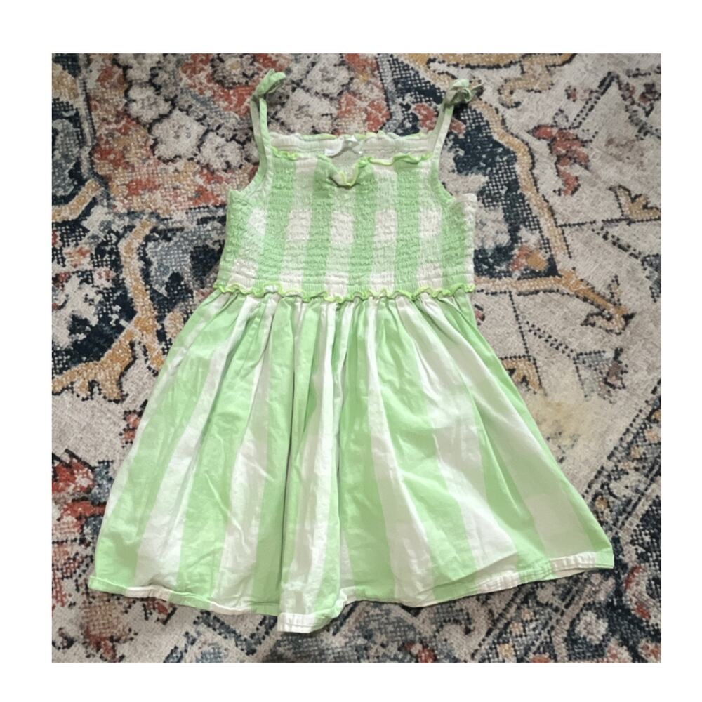 M&S Girls Green/White Striped Smocked Square Neck Dress Fit & Flare 4-5Y